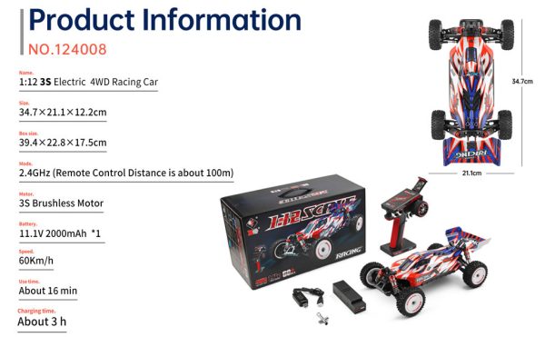 WL Toys 124008 1/12 electric 4WD drive racing car 60Km/H-3S brushless