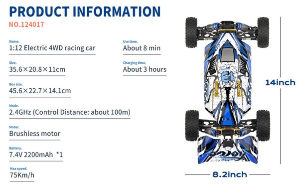 WLToys 124017 2.4G 1:12 Brushless 4wd 75Km/h RC racing car RTR
